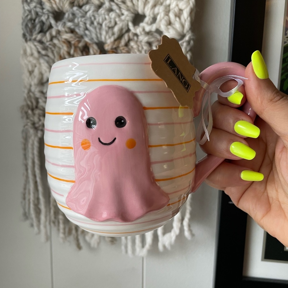 Pink Ghost Halloween Mug with Stripes NWT